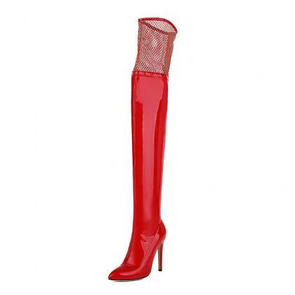Red Autumn And Winter Fine Heel Pointed Gauze Net..