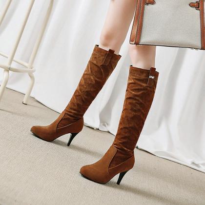 Brown Autumn And Winter Suede High Heel Pointed..