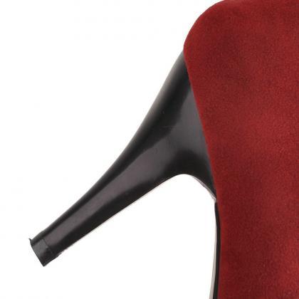 Red Autumn And Winter Suede High Heel Pointed Knee..