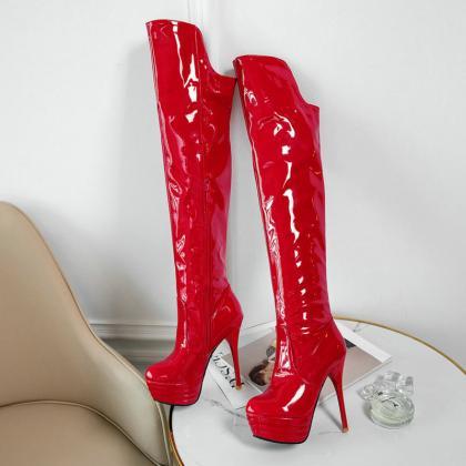 Red Patent Leather High-heeled Boots And Steel..