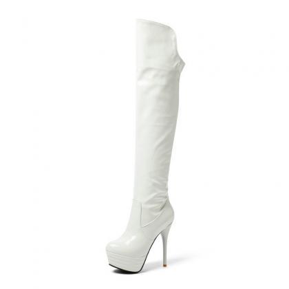 White Patent Leather High-heeled Boots And Steel..