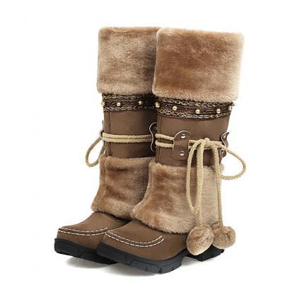 Brown Winter Middle Heel Cotton Boots Wool Ball..