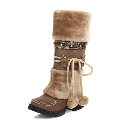 Brown Winter Middle Heel Cotton Boots Wool Ball..