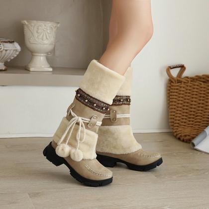 Beige Winter Middle Heel Cotton Boots Wool Ball..