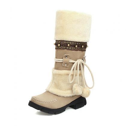 Beige Winter Middle Heel Cotton Boots Wool Ball..