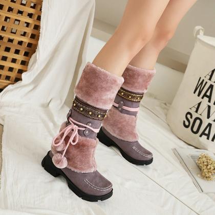 Purple Winter Middle Heel Cotton Boots Wool Ball..