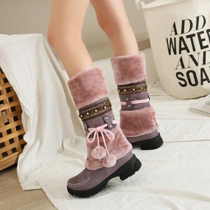 Purple Winter Middle Heel Cotton Boots Wool Ball..