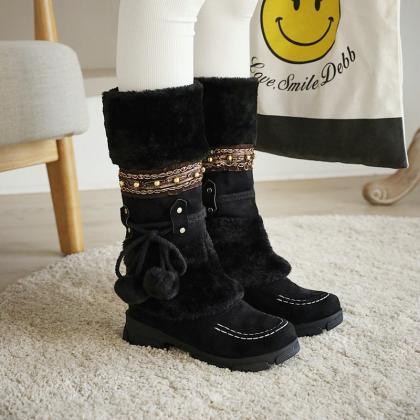 Black Winter Middle Heel Cotton Boots Wool Ball..