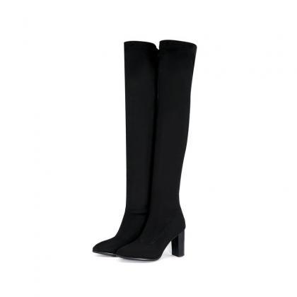 Black Autumn And Winter Thick Heel Fashion Elastic..