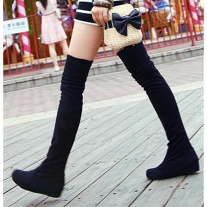 Black Knee High Elastic Flat Bottomed Suede Boots