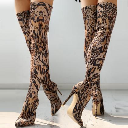 Fashion Leopard Print High Tube Thin High-heeled..
