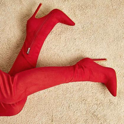 Red Long Elastic High Heels Knee High Boots..