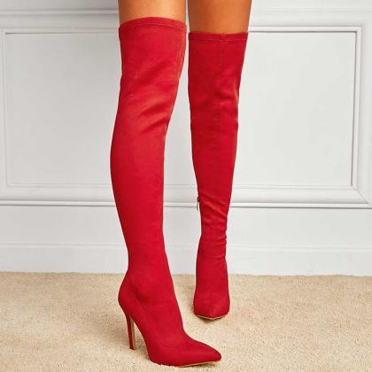 Red Long Elastic High Heels Knee High Boots..