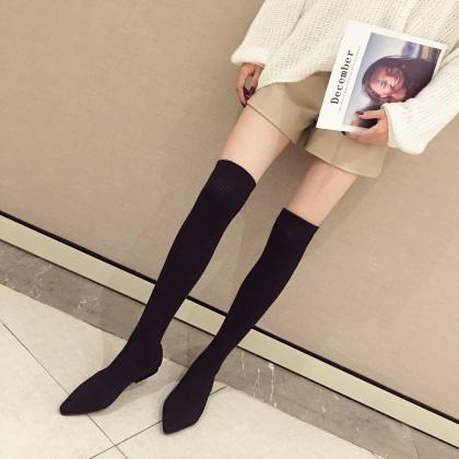 Black Winter Flat Bottomed Boots Knitted Wool..
