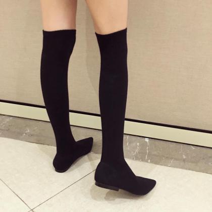 Black Winter Flat Bottomed Boots Knitted Wool..