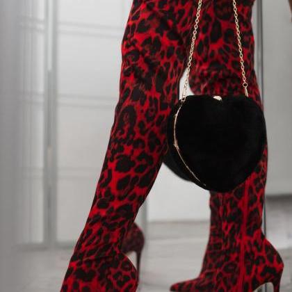 Leopard Red Knee High Heel Side Zipper..