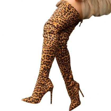 Leopard Yellow Knee High Heel Side Zipper..