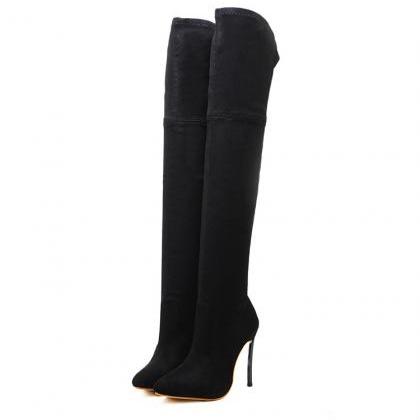 Black Autumn And Winter Boots Elastic Knee High..