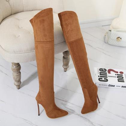 Brown Autumn And Winter Boots Elastic Knee High..