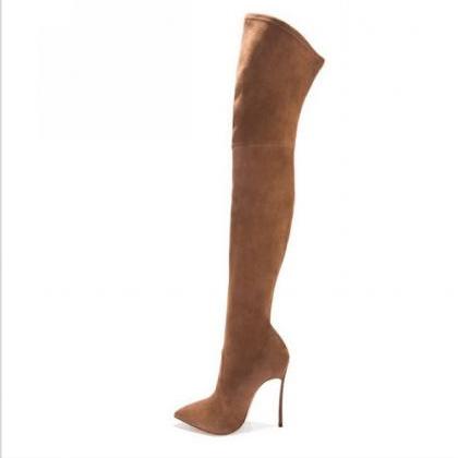Brown Autumn And Winter Boots Elastic Knee High..
