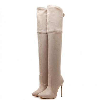 Beige Autumn And Winter Boots Elastic Knee High..