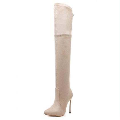Beige Autumn And Winter Boots Elastic Knee High..
