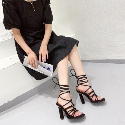 Black Thick Heel Lace Up High-heeled..
