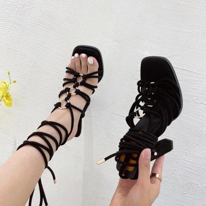 Black Thick Heel Lace Up High-heeled..