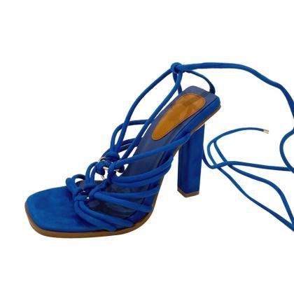 Blue Thick Heel Lace Up High-heeled..
