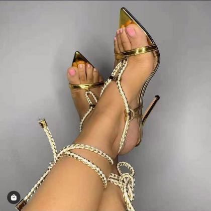 Golden Hand Woven Sexy Cross Strap Pointed Sandals