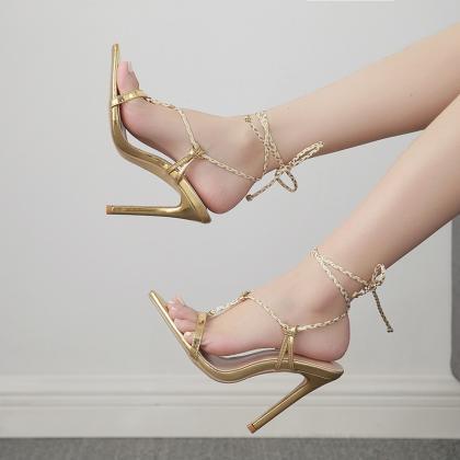 Golden Hand Woven Sexy Cross Strap Pointed Sandals