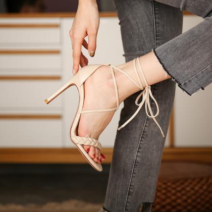Apricot Woven Twist Bandage High-heeled Sandals