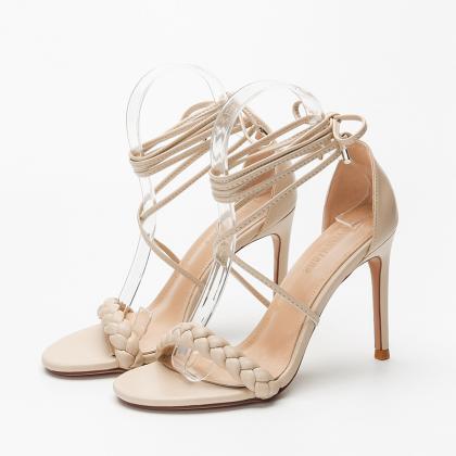Apricot Woven Twist Bandage High-heeled Sandals