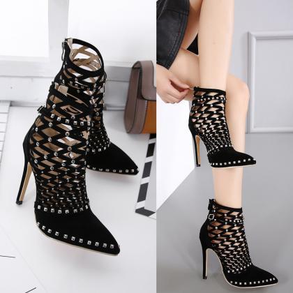 Hollow Riveted High-heeled Suede Sandals