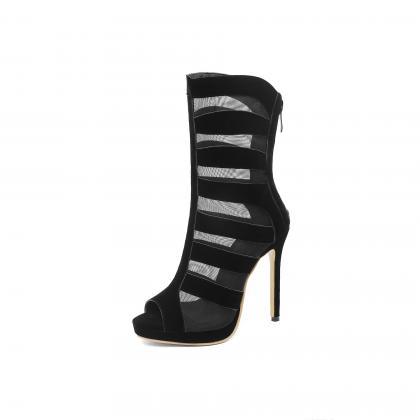 Black Solid Color Hollow Lace Mouth High-heeled..