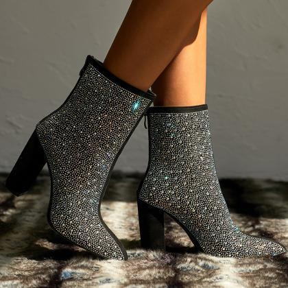 Thick Heel Inlaid Pearl Elastic Short Boots