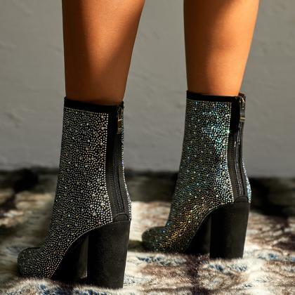 Thick Heel Inlaid Pearl Elastic Short Boots