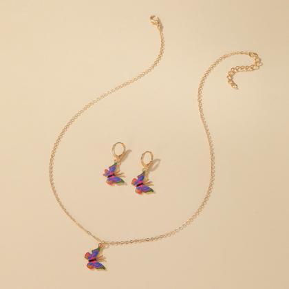 Rose Red Colorful Butterfly Earring Necklace Set