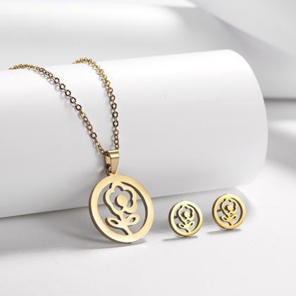Rose Stainless Steel Necklace Earrings Set Sweater..