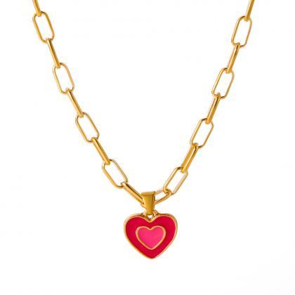 Pink Oil Dripping Double Love Clavicle Chain..