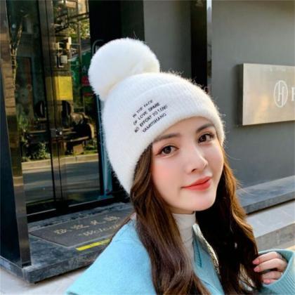 White Plush Thickened Warm Letter Knitted Wool Hat