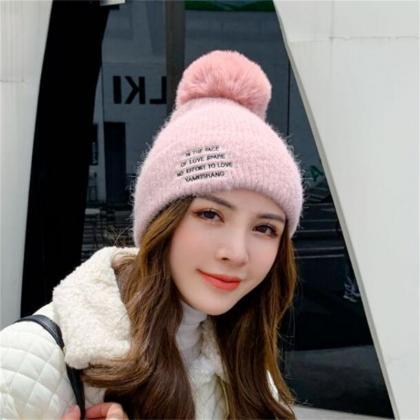 Pink Plush Thickened Warm Letter Knitted Wool Hat