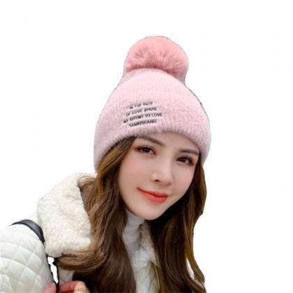 Pink Plush Thickened Warm Letter Knitted Wool Hat