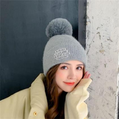 Gray Plush Thickened Warm Letter Knitted Wool Hat