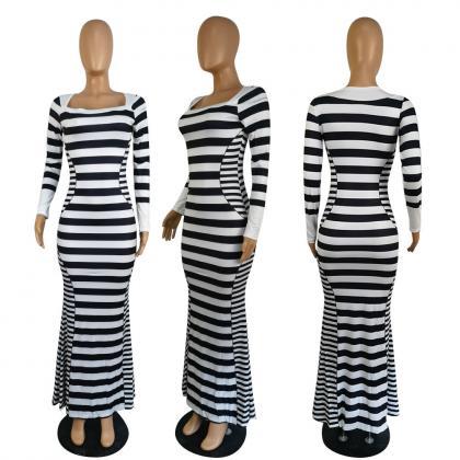 Fashionable Stripe Hip Wrap Long Dress