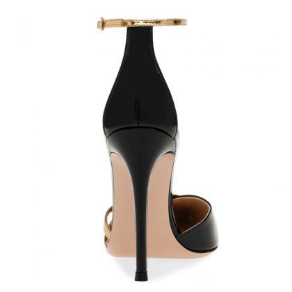 Black Gold Patent Leather Pointed Thin High Heels..