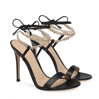 Black Pu Ankle Lace Up Fashion Gold Chain Party..