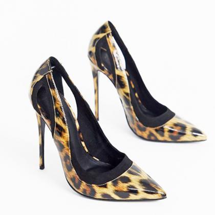 Leopard Print Patent Leather Stitched Black Hollow..