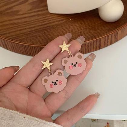 Sweet Pink Bear And Star Shape Earrings..