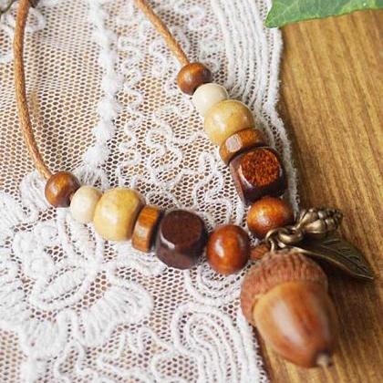 Vintage Handmade Acorn Beads Alloy Leaf Bracelet